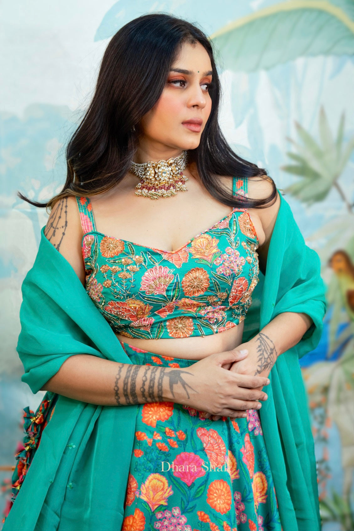 Dark green floral lehenga