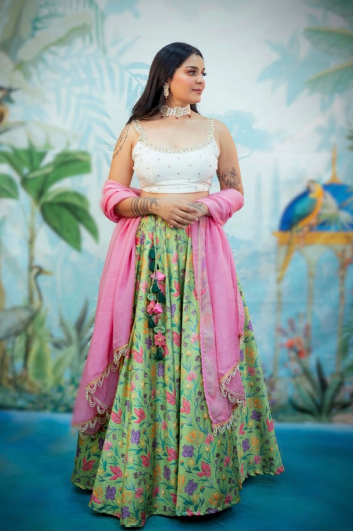 Fresh leaf green floral lehenga