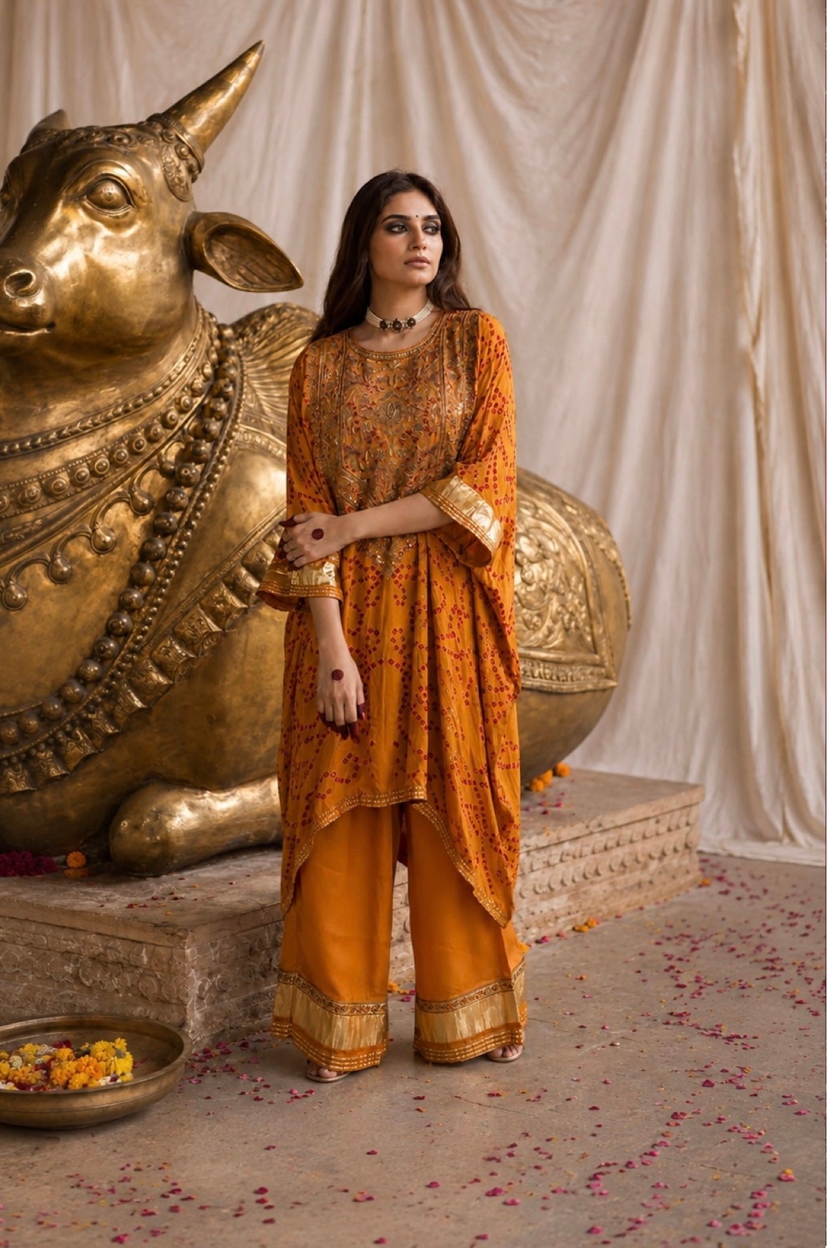 Mustard yellow bandhani kurta set with red dots