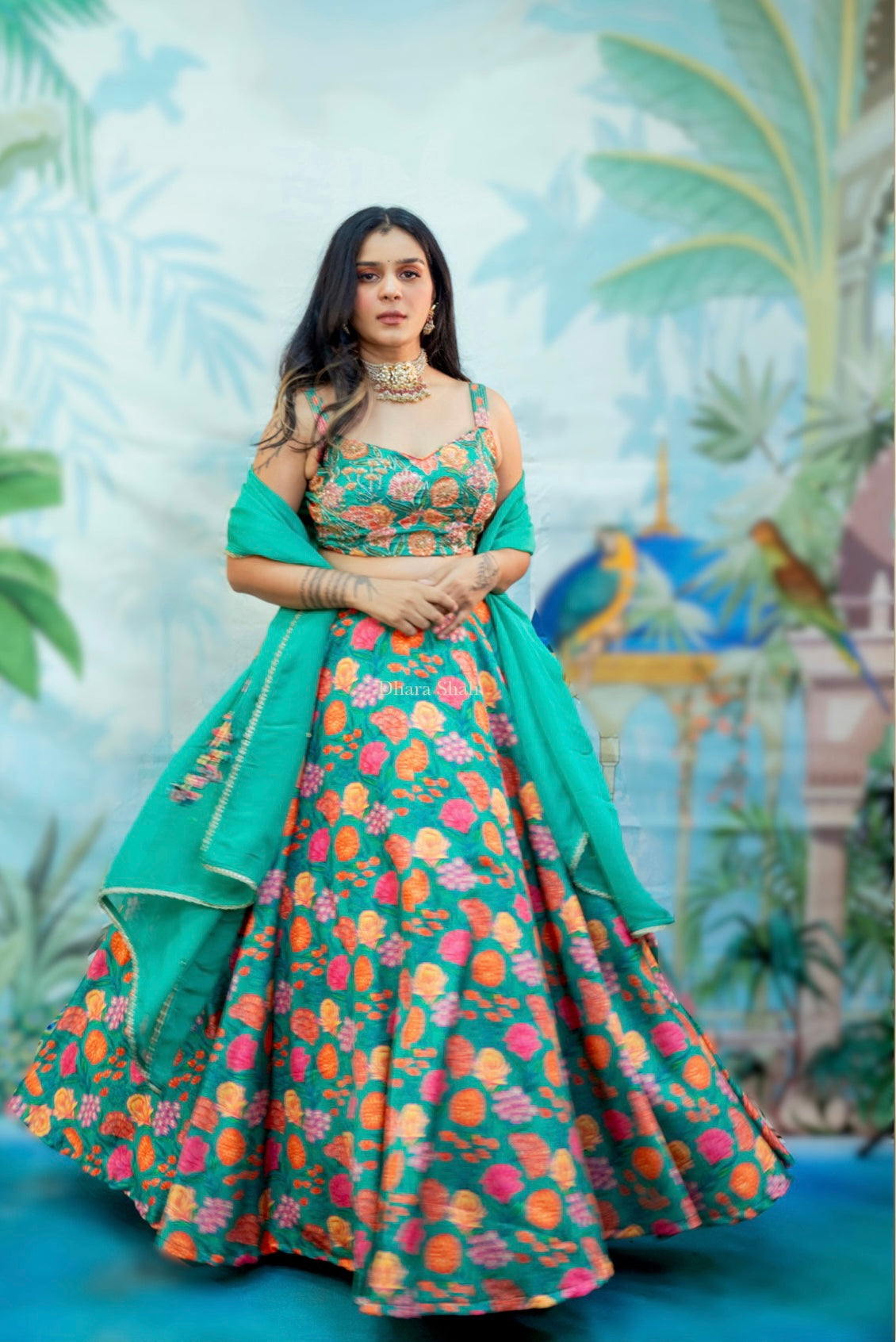 Dark green floral lehenga