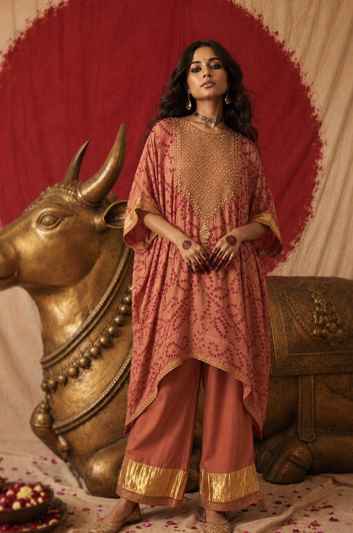 Coffee peach bandhani kaftan kurta set