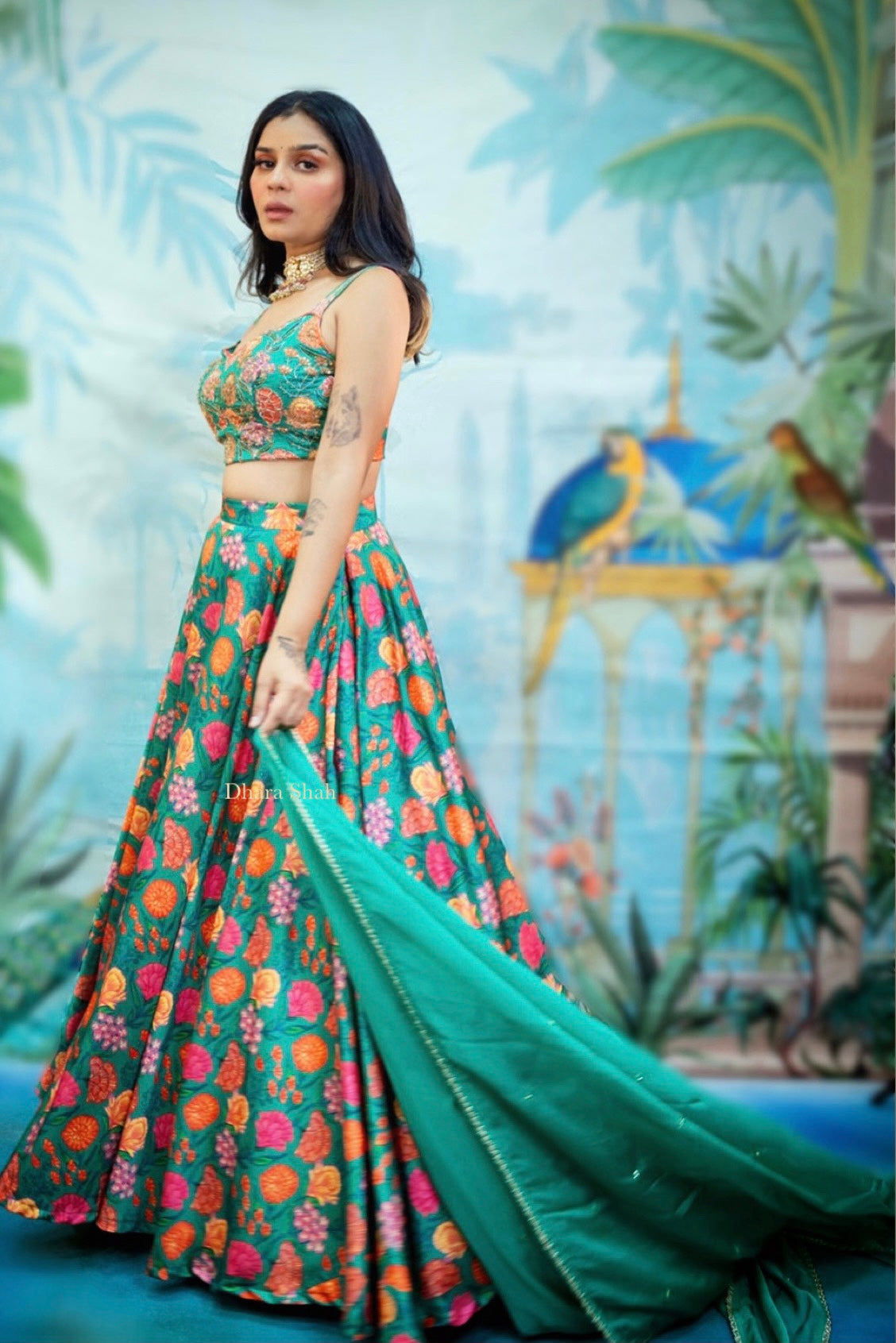 Dark green floral lehenga