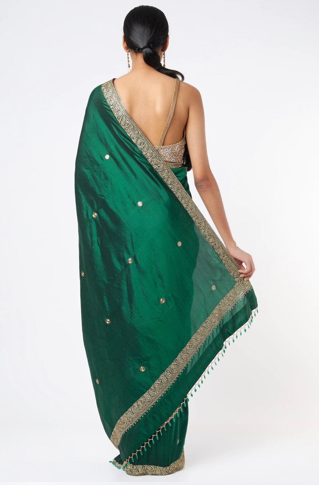Emerald Green Embroidered Handcrafted Saree Set