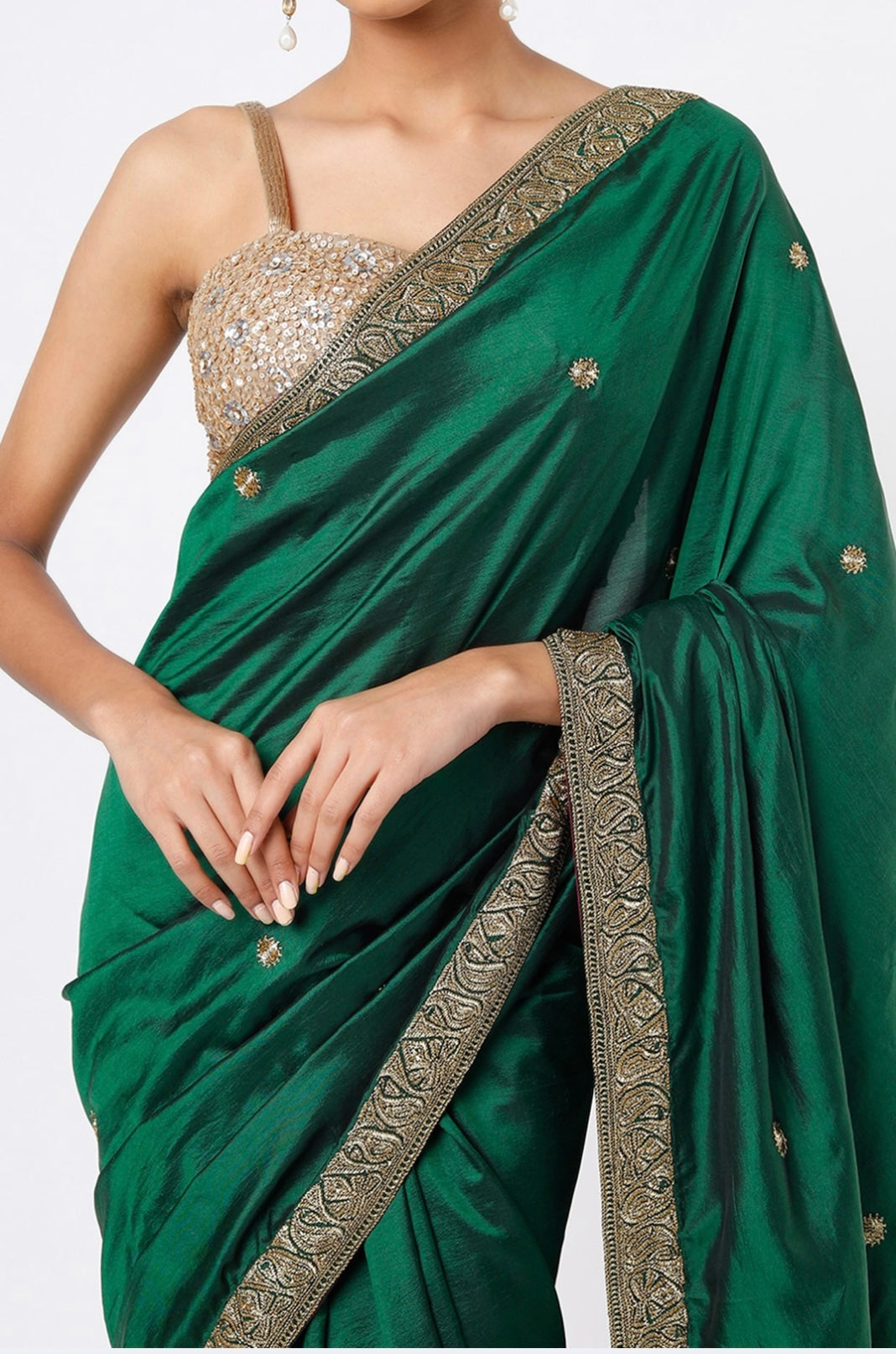 Emerald Green Embroidered Handcrafted Saree Set