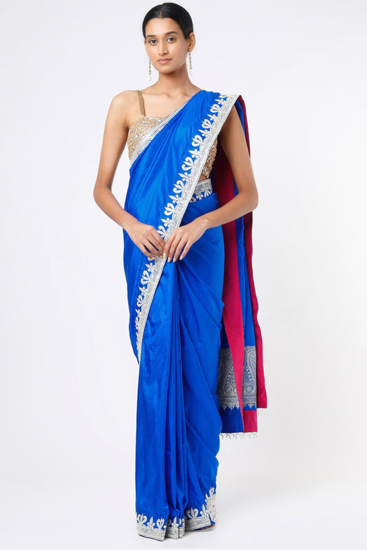 Cobalt Blue Embroidered Handcrafted Saree Set
