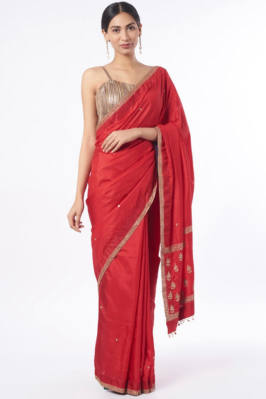 Cadmium Red Embroidered Saree Set