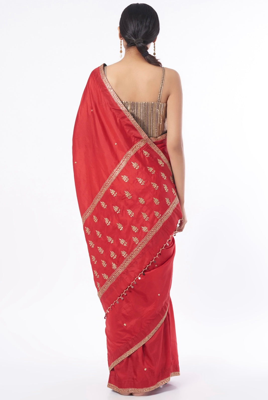 Cadmium Red Embroidered Saree Set