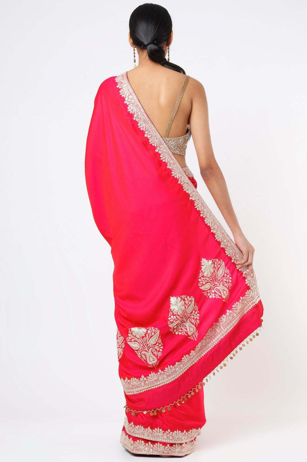 Cherry Red Embroidered Handcrafted Saree Set