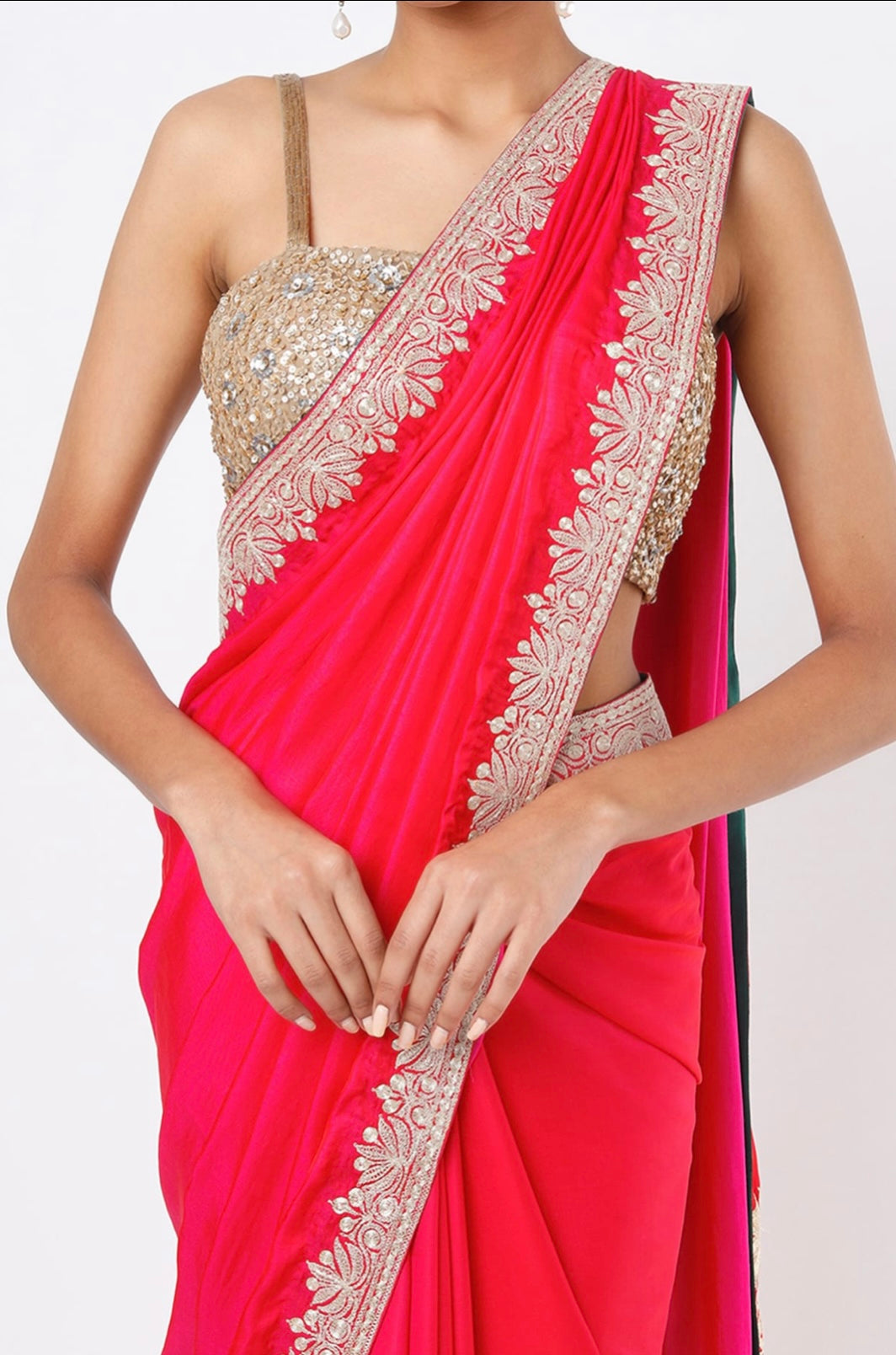 Cherry Red Embroidered Handcrafted Saree Set