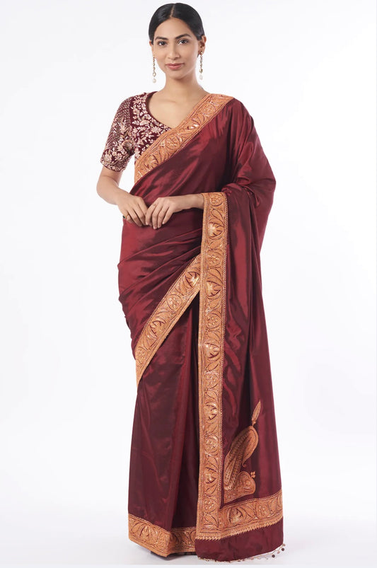 Deep Red Embroidered Saree Set