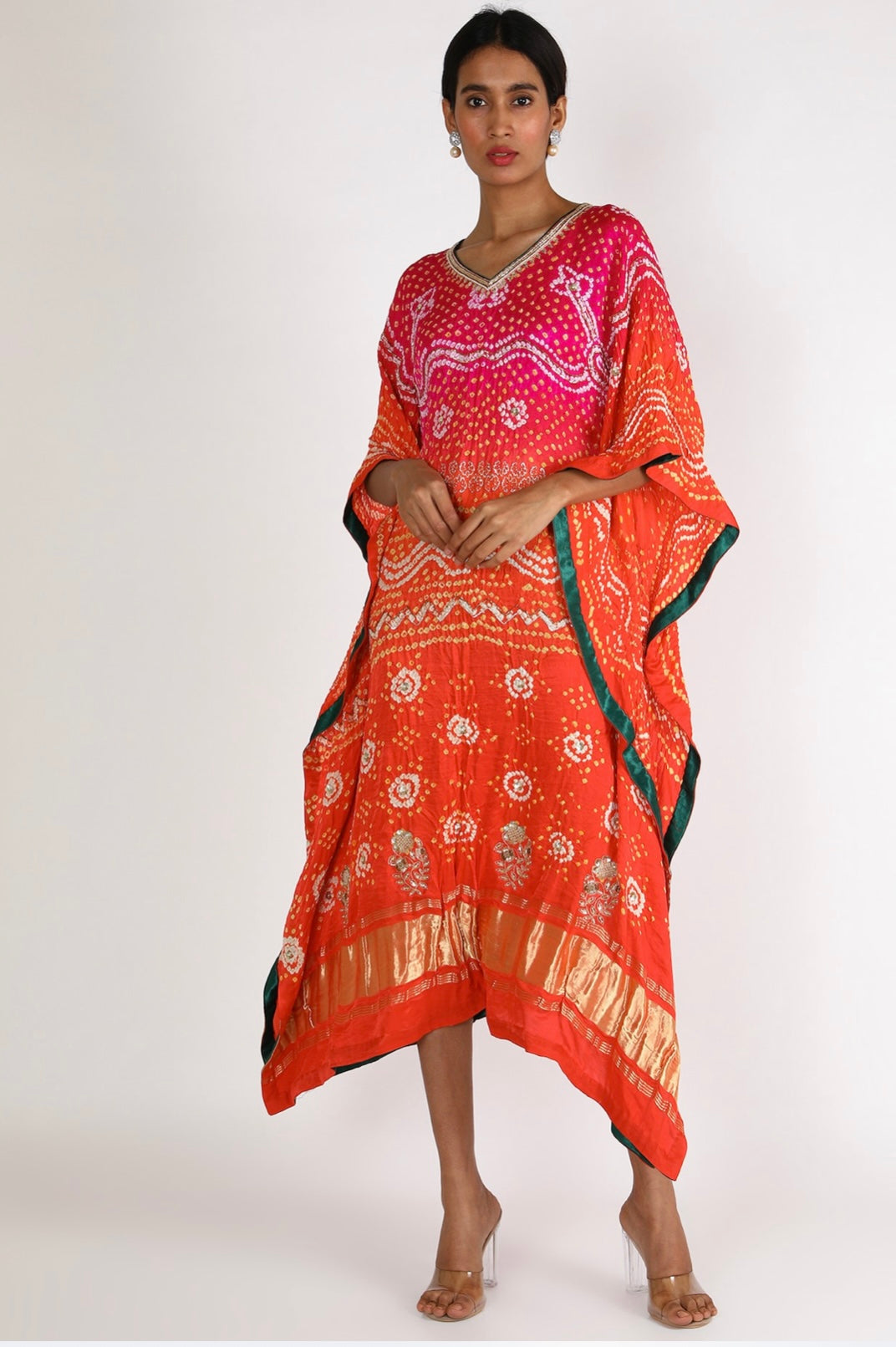 Orangish Red Embroidered Kaftan