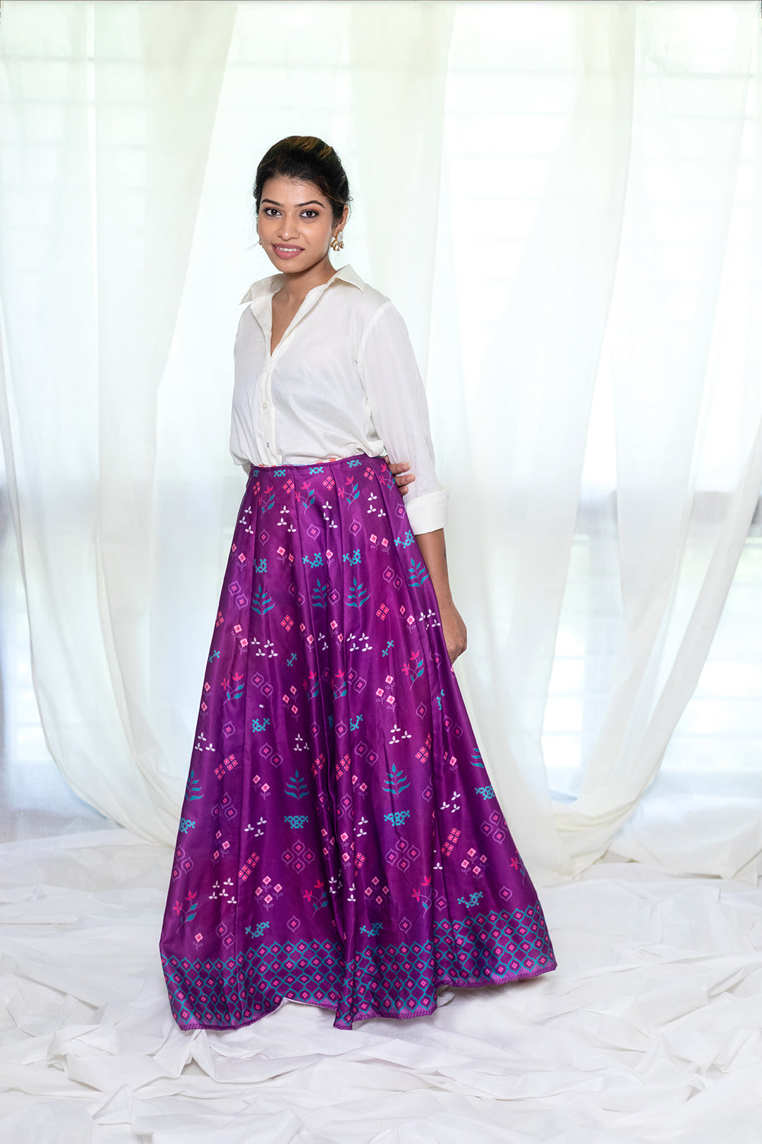 Printed purple silk skirt – Dhara Shah Design Studio