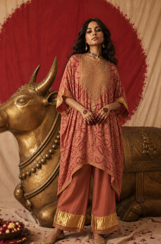 Coffee peach bandhani kaftan kurta set