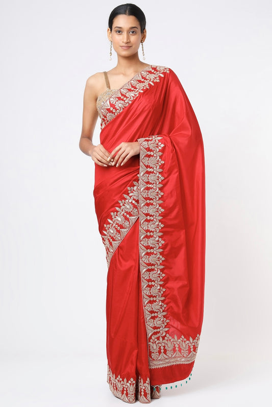 Red Embroidered Handcrafted Saree Set