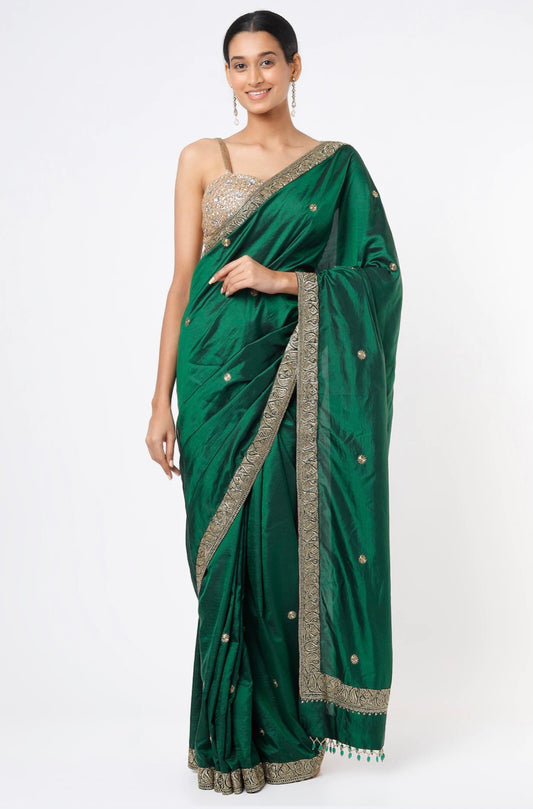 Emerald Green Embroidered Handcrafted Saree Set