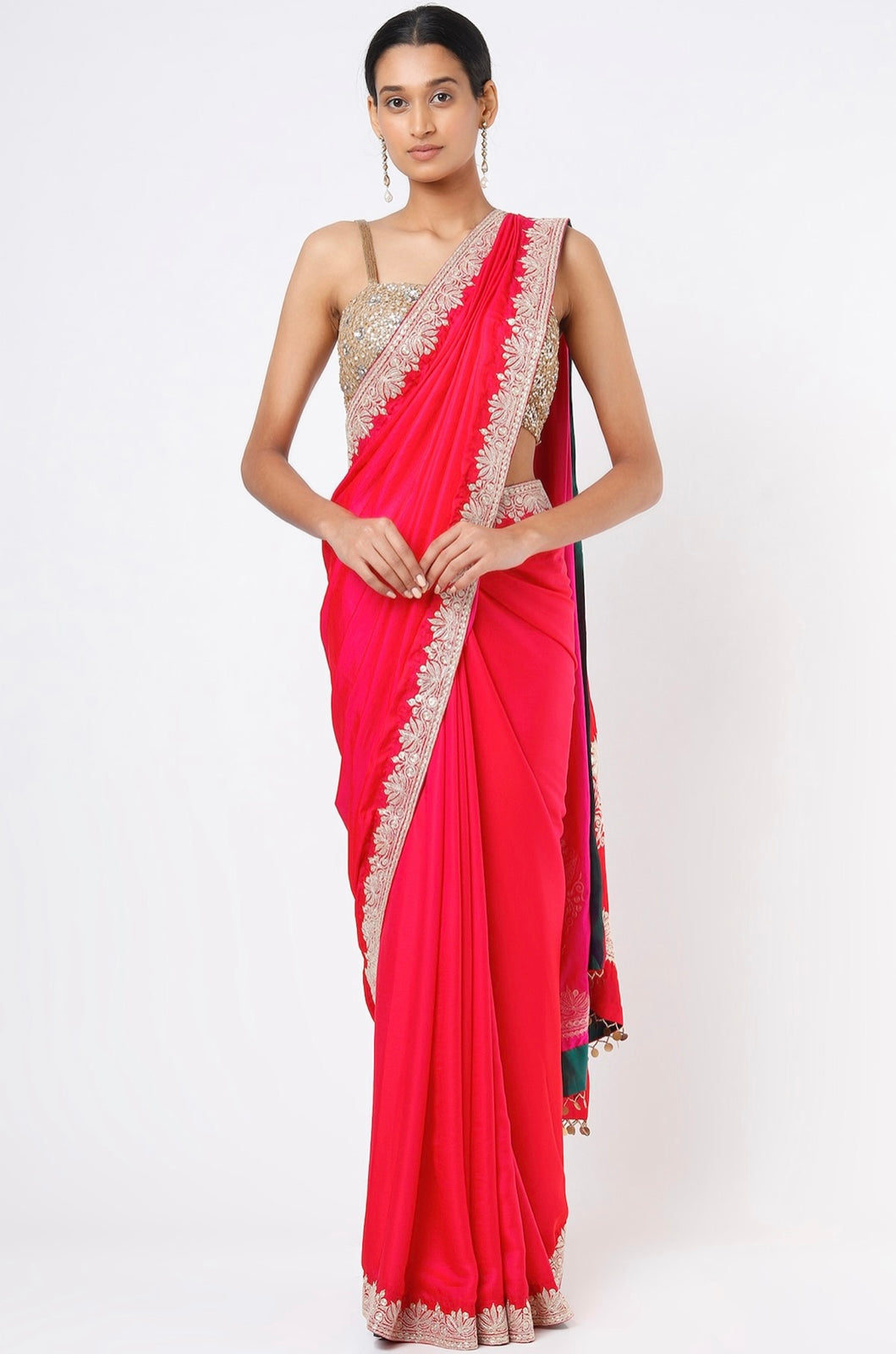 Cherry Red Embroidered Handcrafted Saree Set