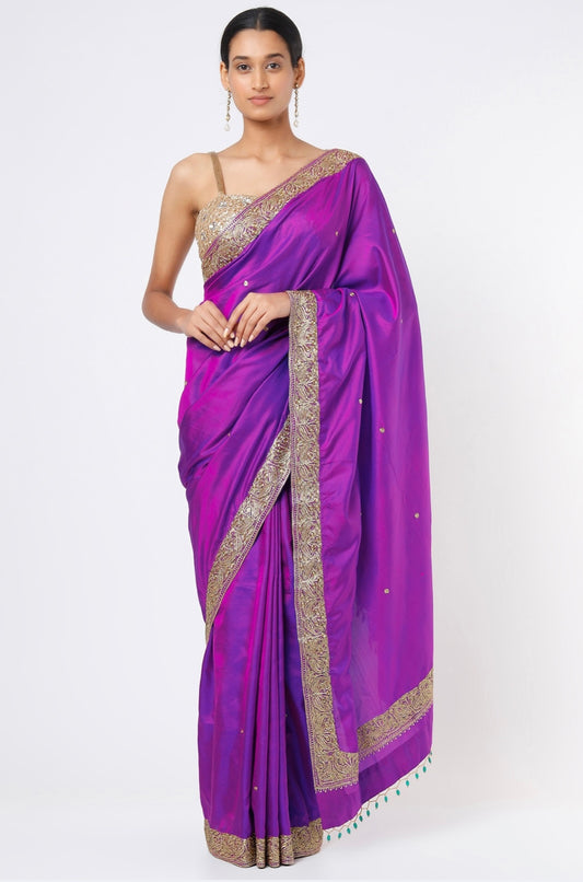 Purple Embroidered Handcrafted Saree Set